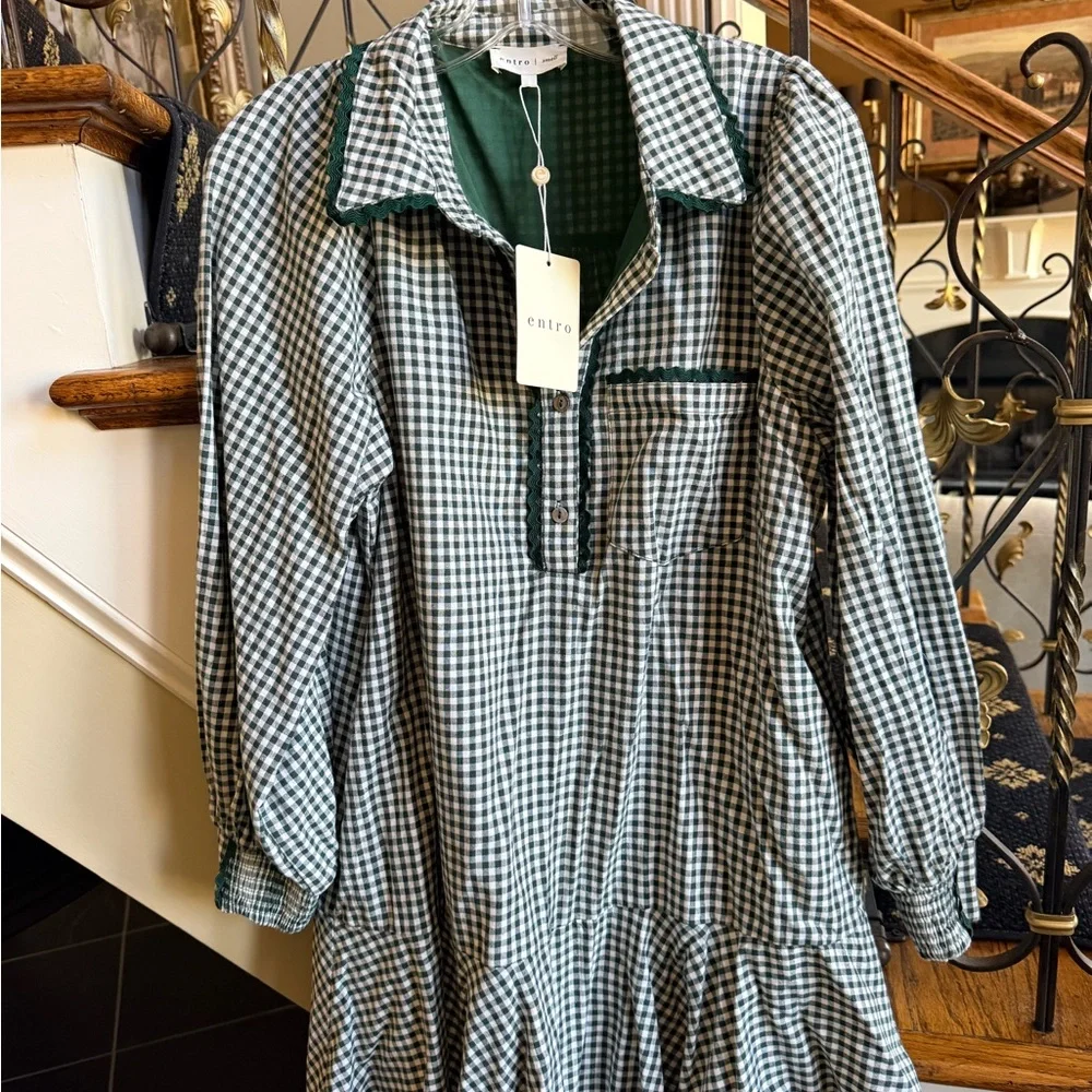 Entro Commander Forest Check Mini Dress. Size S NWT .Lined. Button front. - Picture 5 of 11